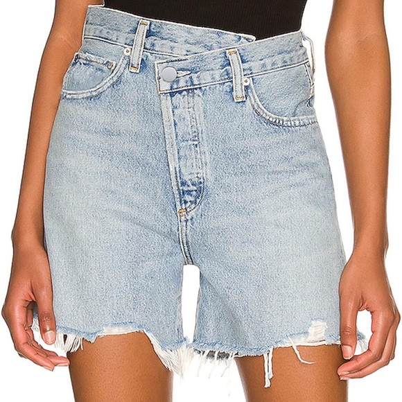 Pretisky Short High-Waisted Criss Cross Waist Light Blue Denim Stretchy 14 - Picture 1 of 7